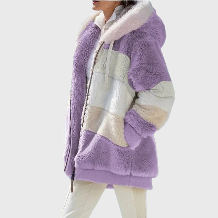 Colour-Block Teddy Fleece Hooded Jacket with Zip Front
