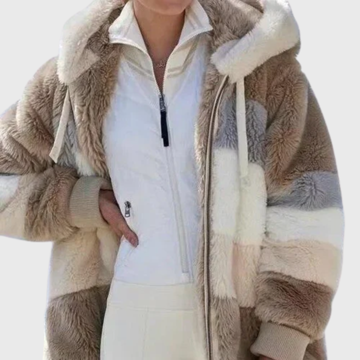 Colour-Block Teddy Fleece Hooded Jacket with Zip Front
