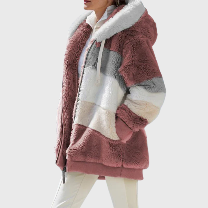 Colour-Block Teddy Fleece Hooded Jacket with Zip Front