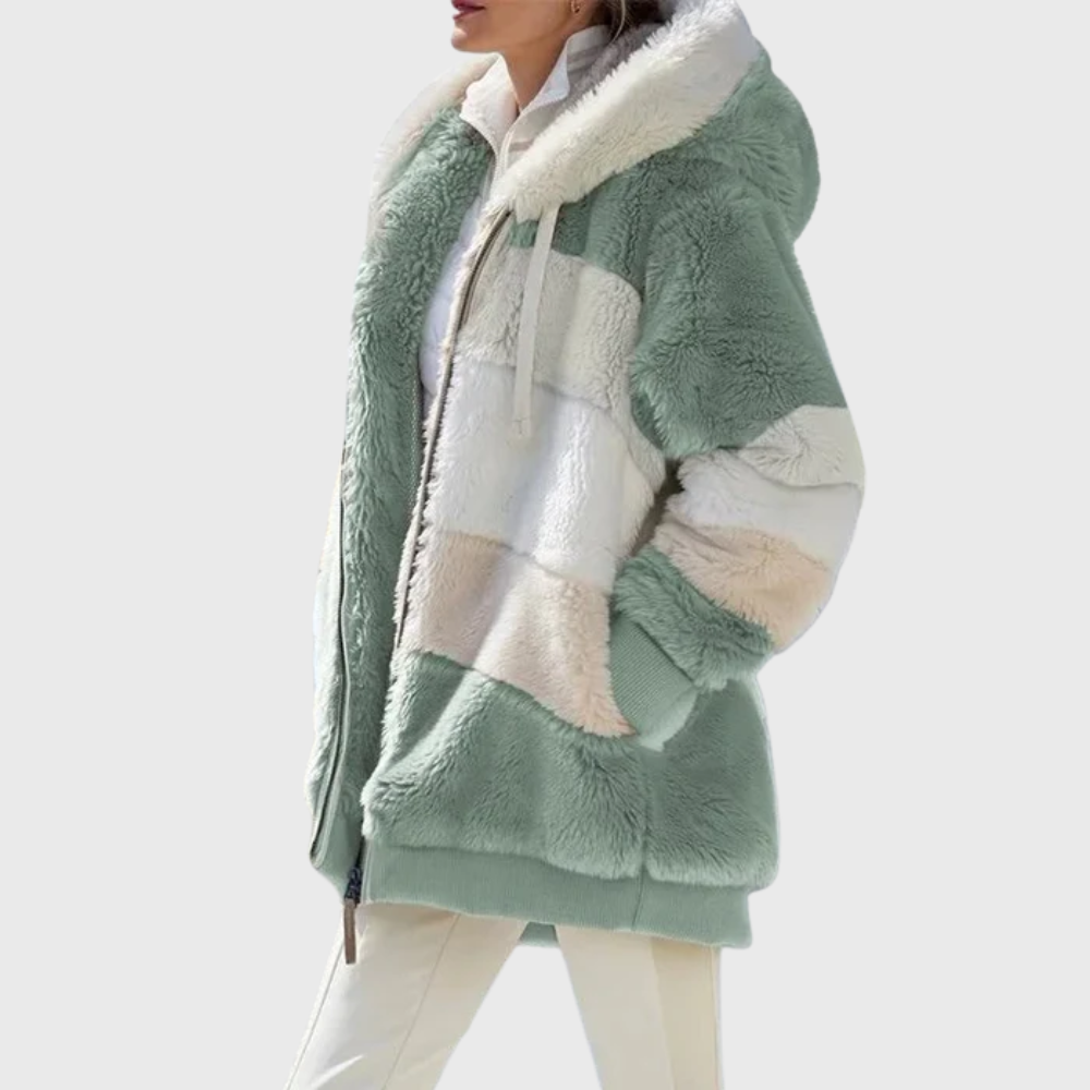 Colour-Block Teddy Fleece Hooded Jacket with Zip Front