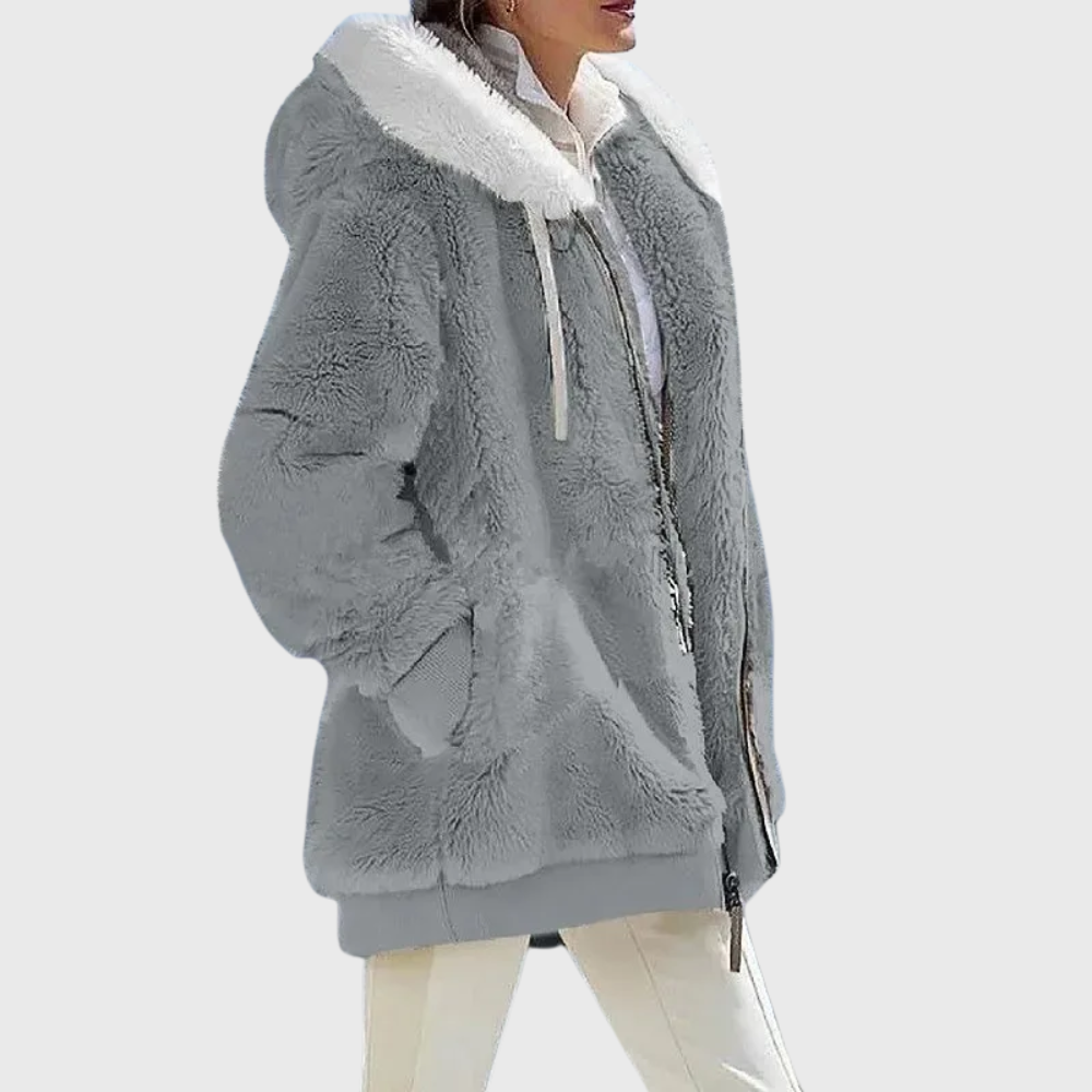 Colour-Block Teddy Fleece Hooded Jacket with Zip Front