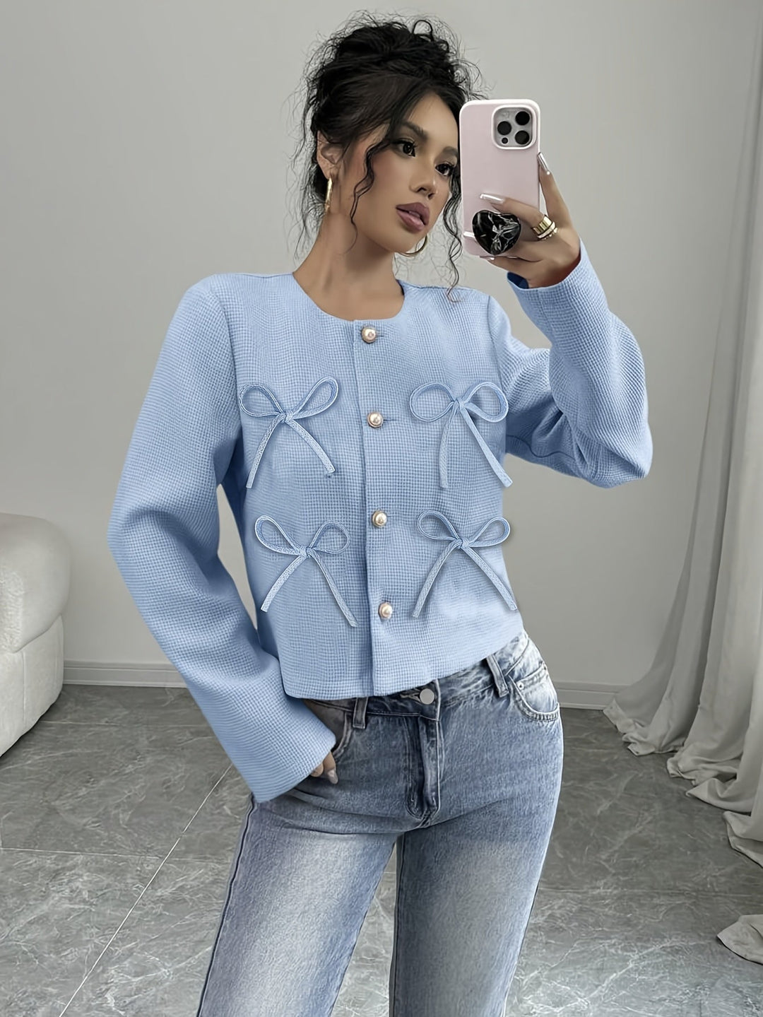 Cropped Bow-Detail Jacket with Pearl-Style Buttons