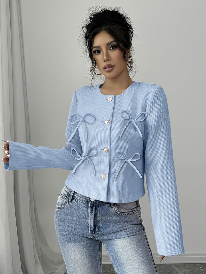 Cropped Bow-Detail Jacket with Pearl-Style Buttons