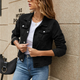 Cropped Denim Jacket with Button Front and Chest Pockets