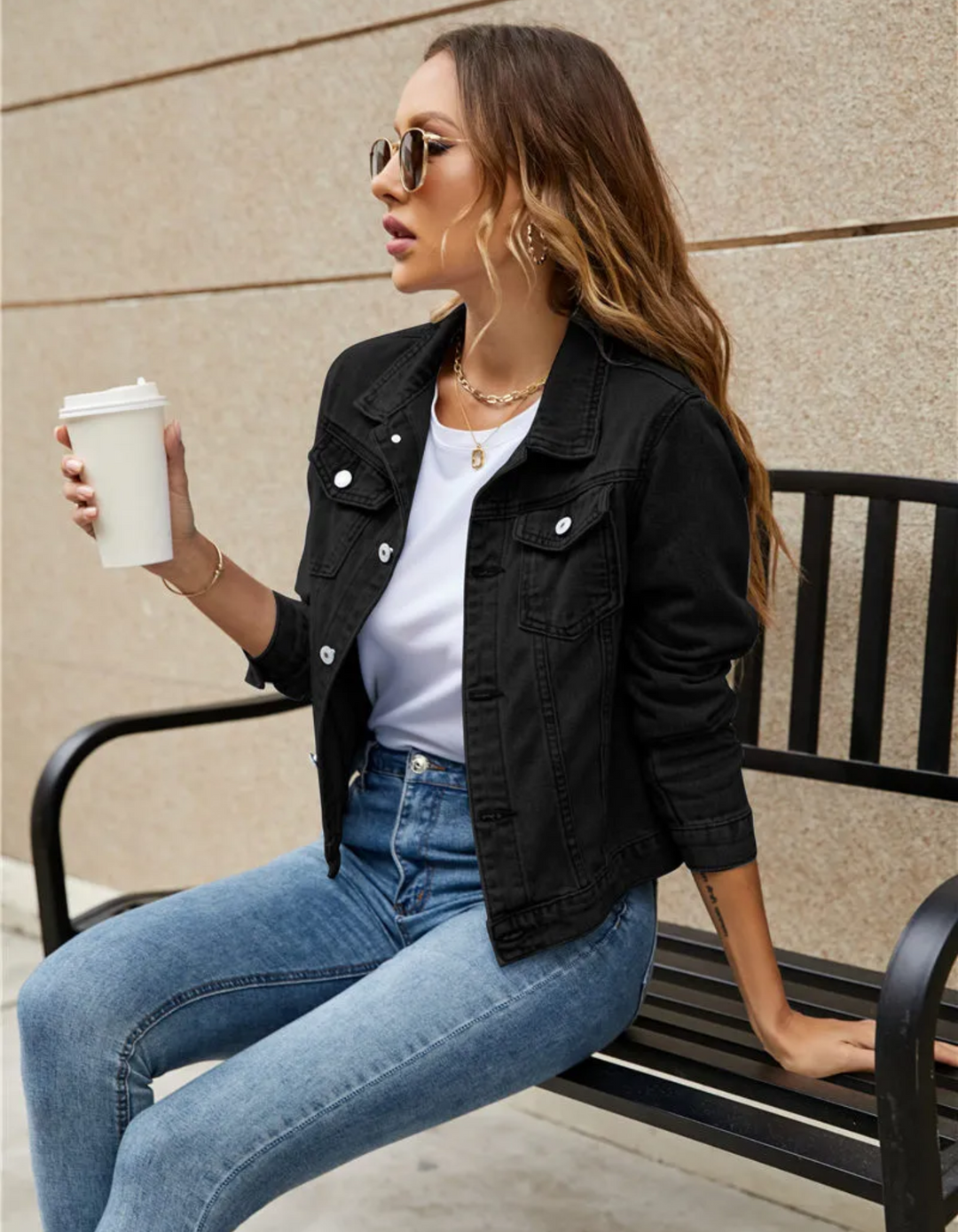 Cropped Denim Jacket with Button Front and Chest Pockets