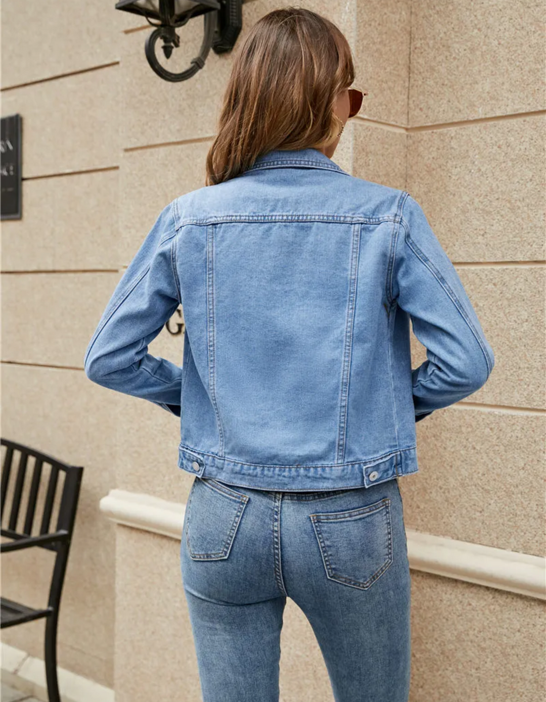 Cropped Denim Jacket with Button Front and Chest Pockets