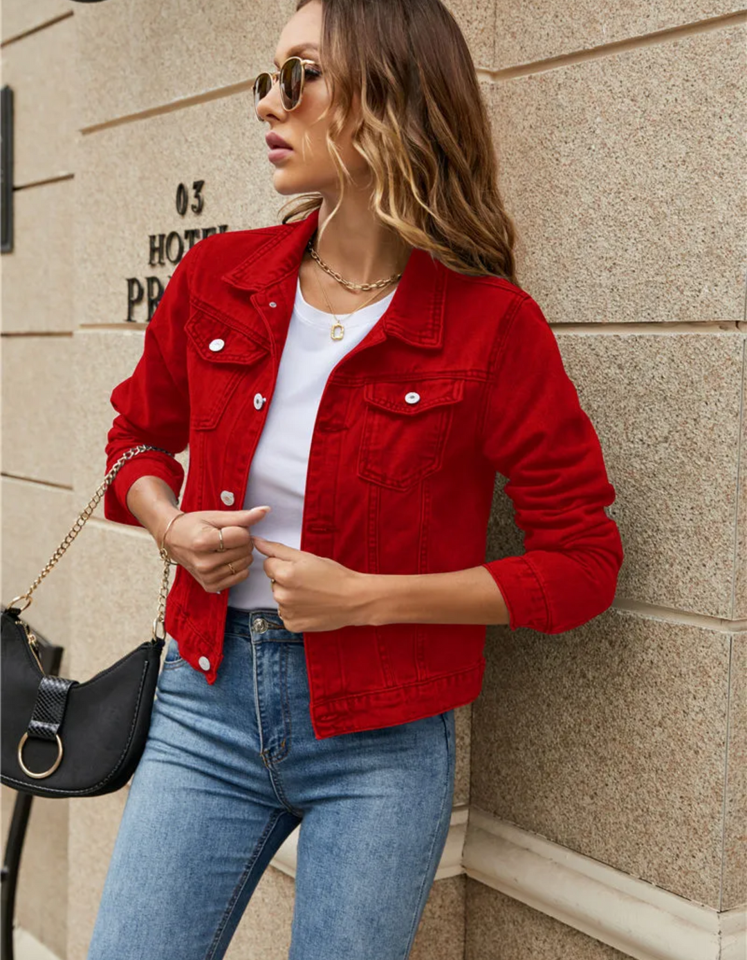 Cropped Denim Jacket with Button Front and Chest Pockets