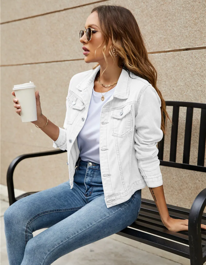 Cropped Denim Jacket with Button Front and Chest Pockets - Marl &amp; Mere