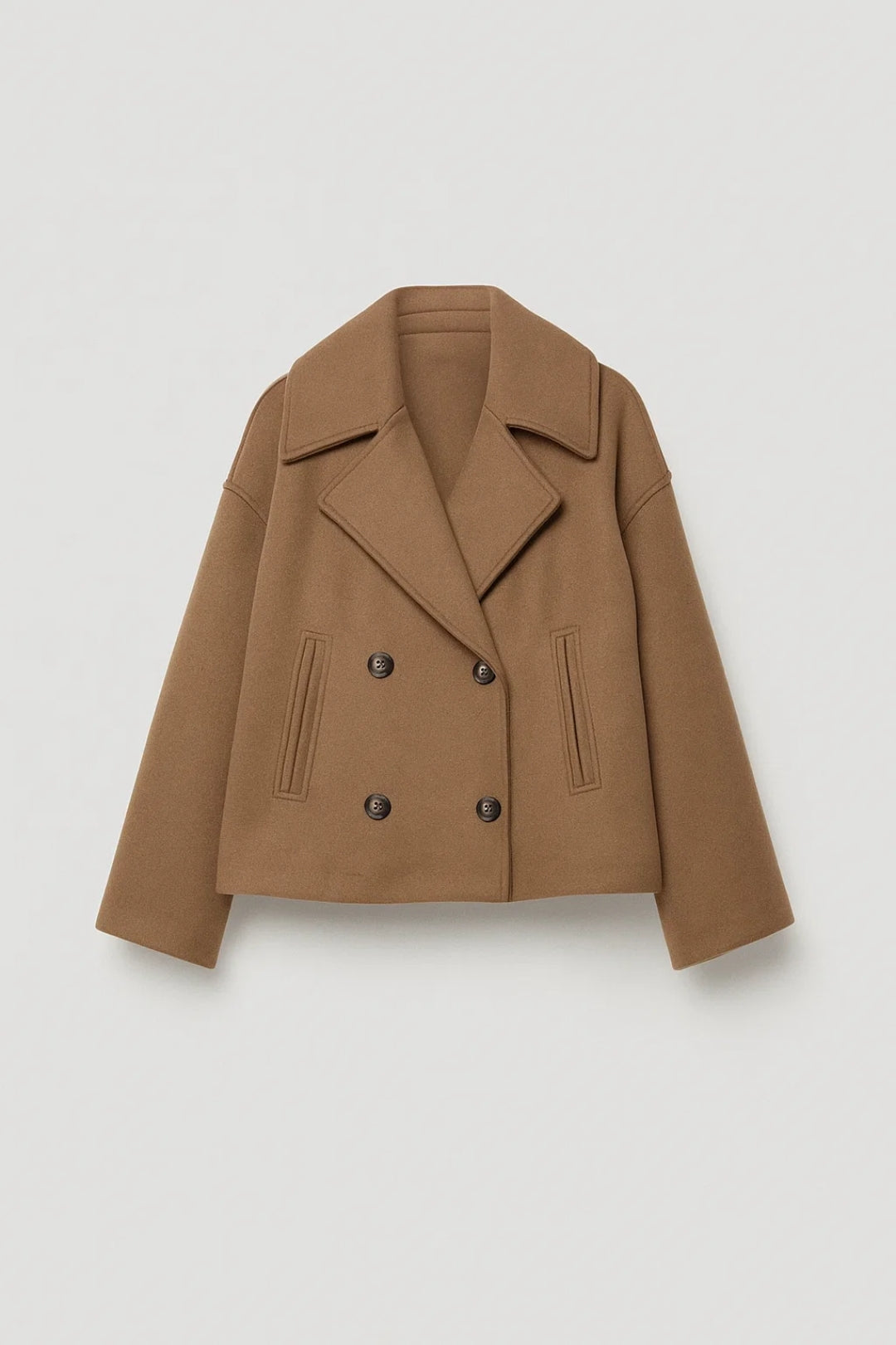 Cropped Double-Breasted Wool-Look Pea Coat with Wide Lapels