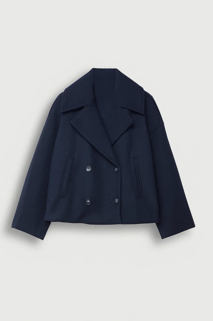 Cropped Double-Breasted Wool-Look Pea Coat with Wide Lapels - Marl &amp; Mere