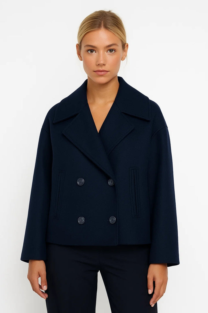 Cropped Double-Breasted Wool-Look Pea Coat with Wide Lapels - Marl &amp; Mere
