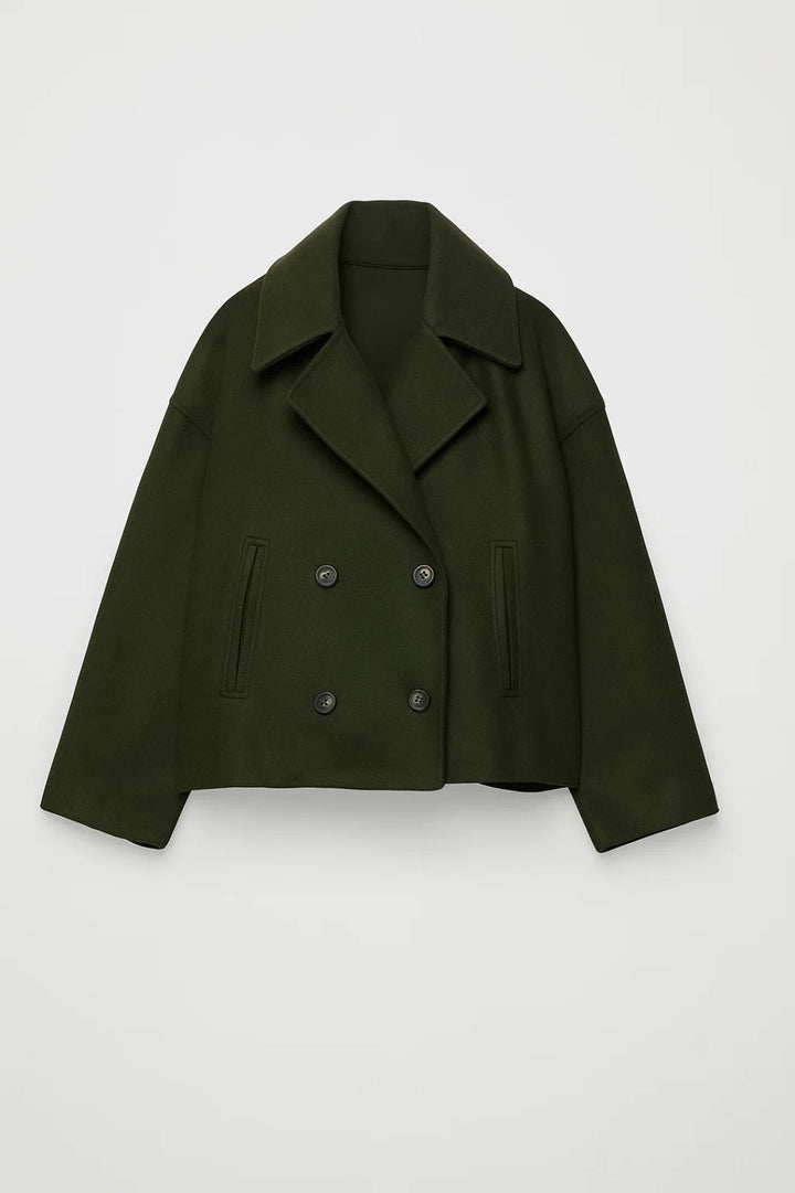 Cropped Double-Breasted Wool-Look Pea Coat with Wide Lapels - Marl &amp; Mere