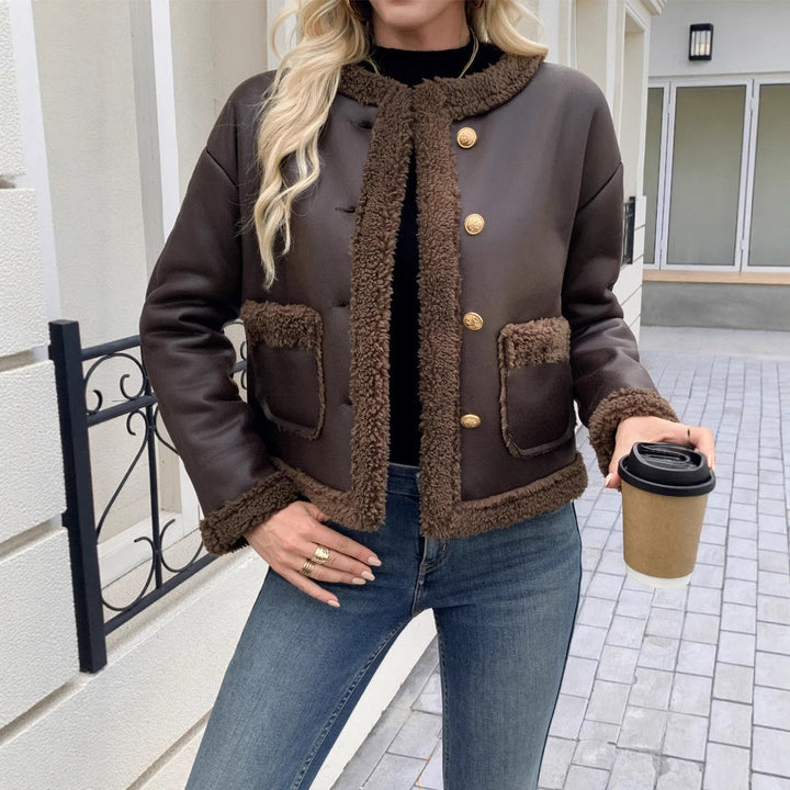 Cropped Faux Leather Jacket with Teddy Trim and Gold Coin Buttons