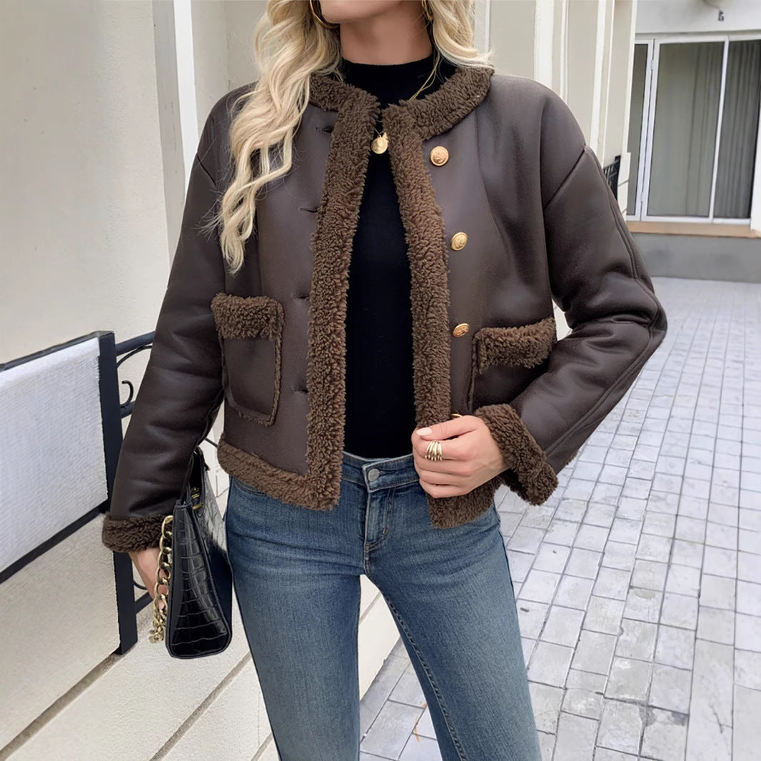 Cropped Faux Leather Jacket with Teddy Trim and Gold Coin Buttons