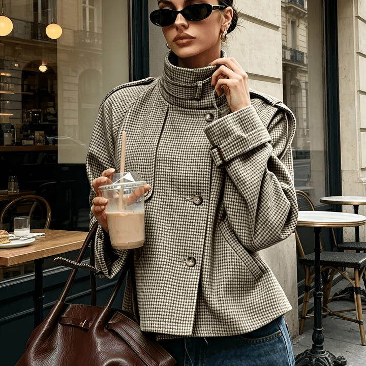Cropped Houndstooth Jacket with Stand Collar and Button Front