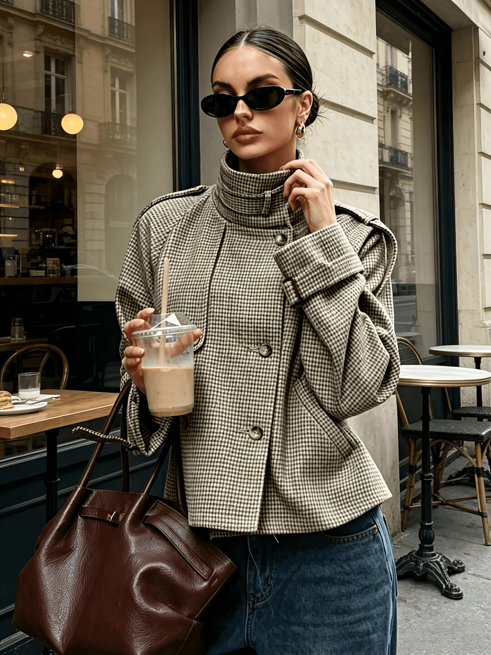 Cropped Houndstooth Jacket with Stand Collar and Button Front