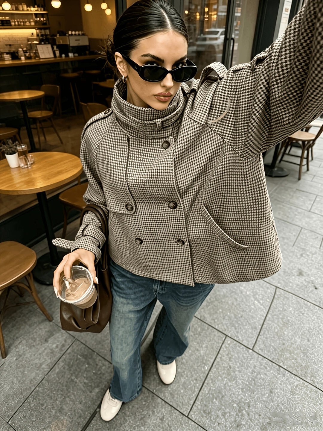 Cropped Houndstooth Jacket with Stand Collar and Button Front