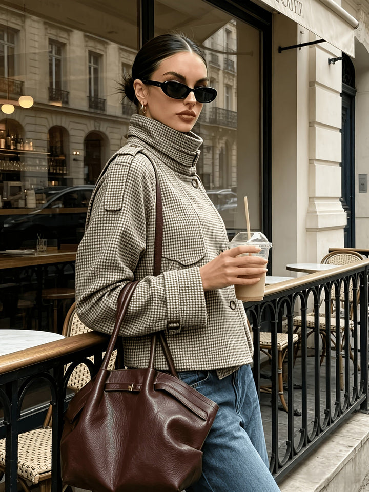 Cropped Houndstooth Jacket with Stand Collar and Button Front - Marl &amp; Mere