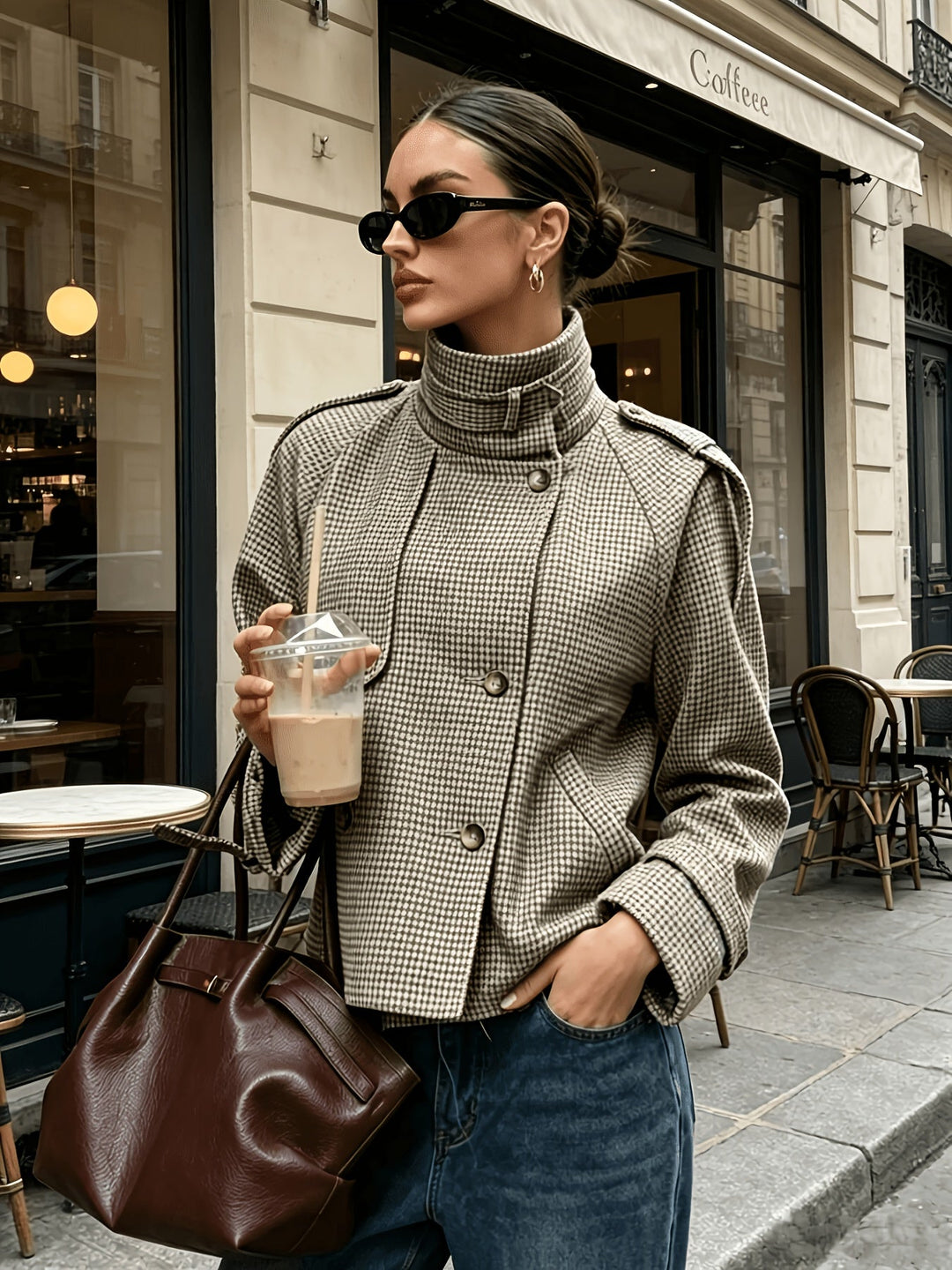 Cropped Houndstooth Jacket with Stand Collar and Button Front - Marl &amp; Mere