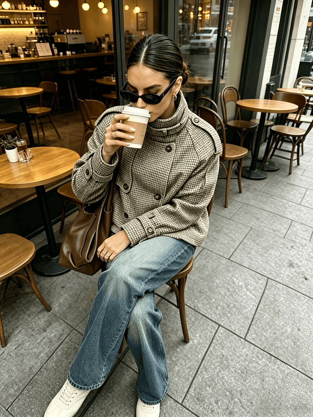 Cropped Houndstooth Jacket with Stand Collar and Button Front - Marl &amp; Mere