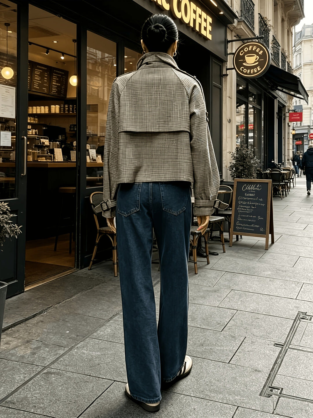 Cropped Houndstooth Jacket with Stand Collar and Button Front - Marl &amp; Mere
