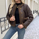 Cropped Leather Jacket with Teddy Trim and Gold Coin Buttons