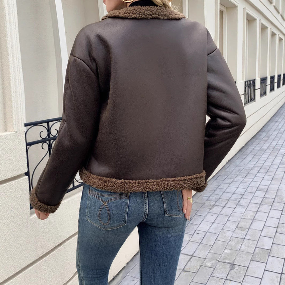 Cropped Leather Jacket with Teddy Trim and Gold Coin Buttons - Marl & Mere