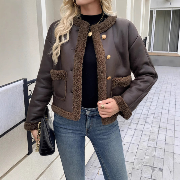 Cropped Leather Jacket with Teddy Trim and Gold Coin Buttons - Marl &amp; Mere