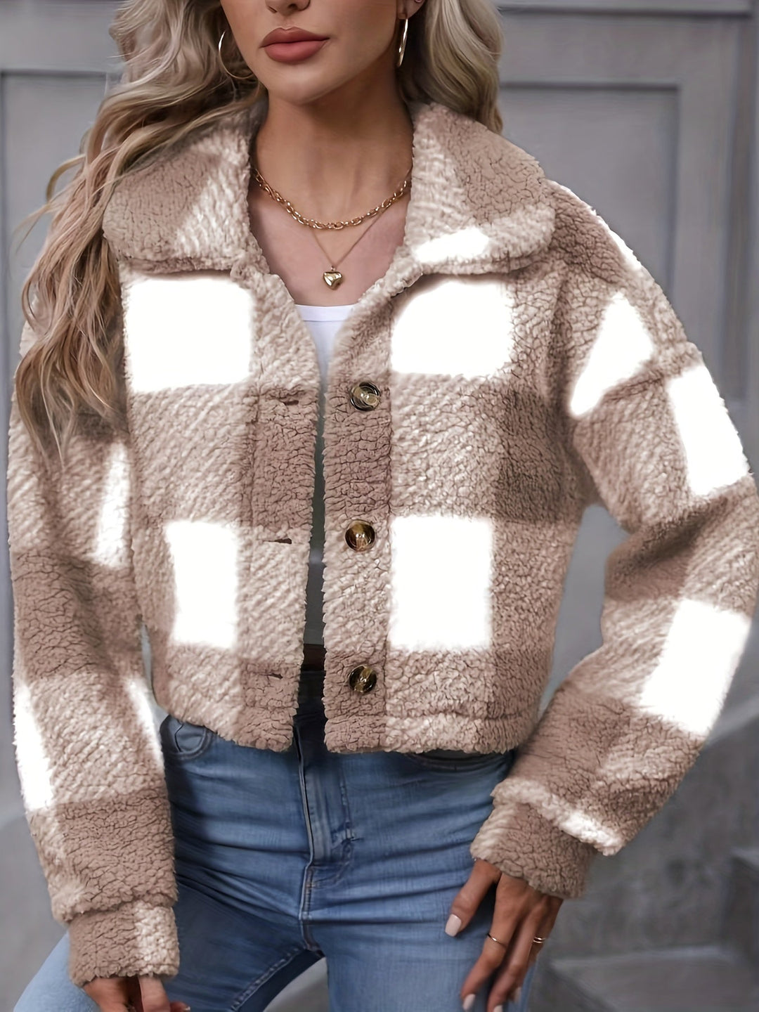 Cropped Plaid Plush Jacket with Button Front