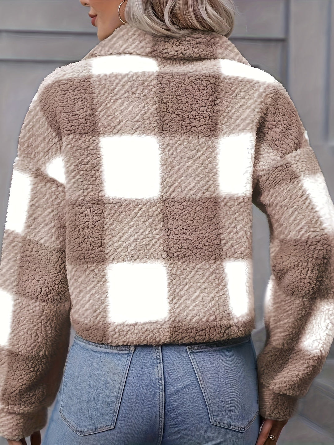 Cropped Plaid Plush Jacket with Button Front