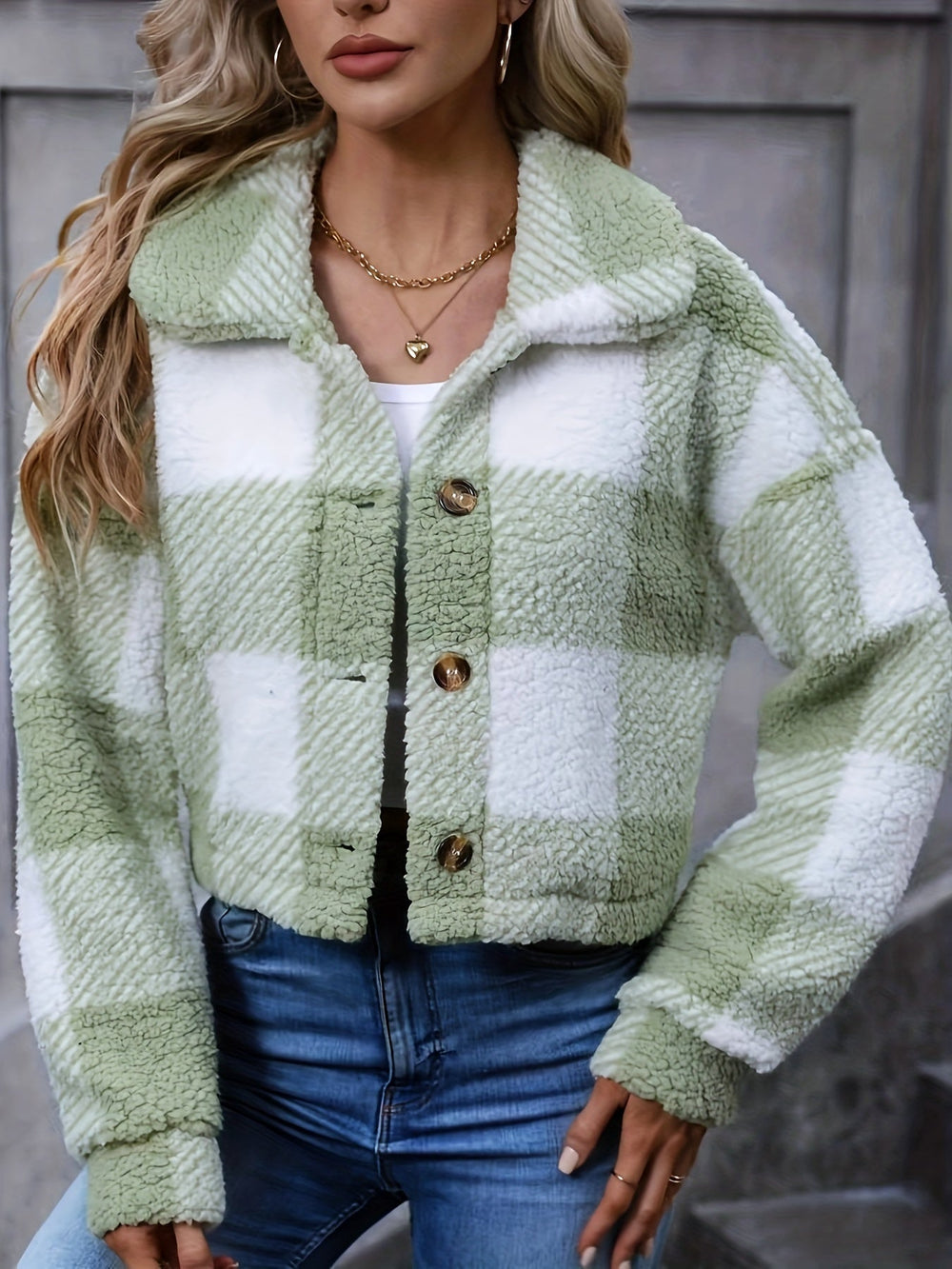Cropped Plaid Plush Jacket with Button Front