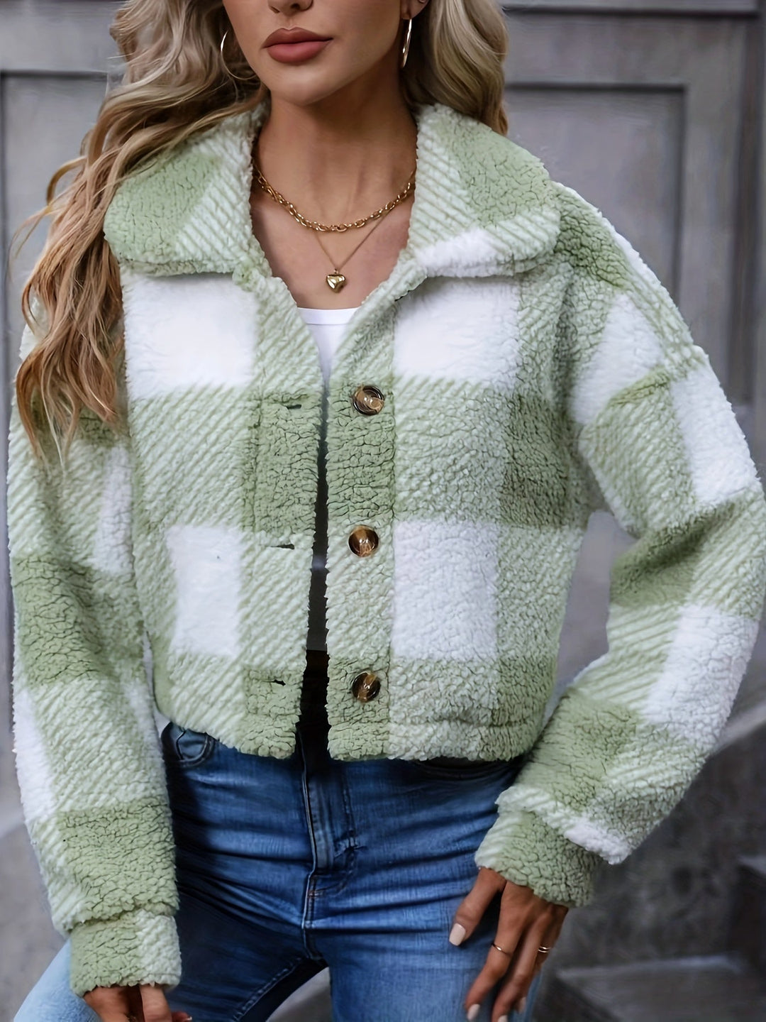 Cropped Plaid Plush Jacket with Button Front