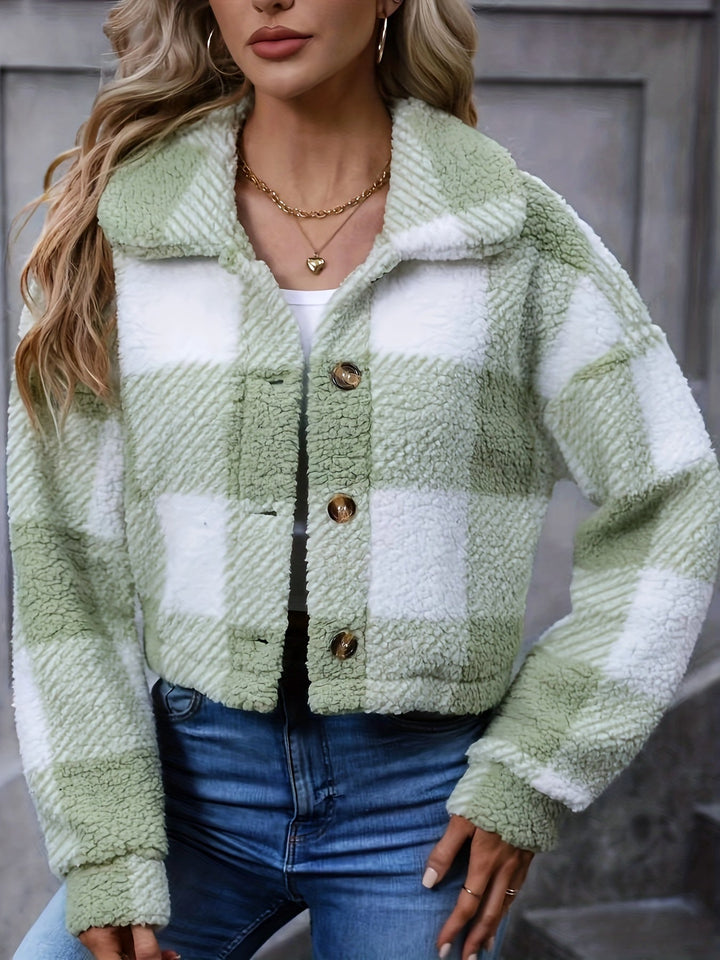 Cropped Plaid Plush Jacket with Button Front