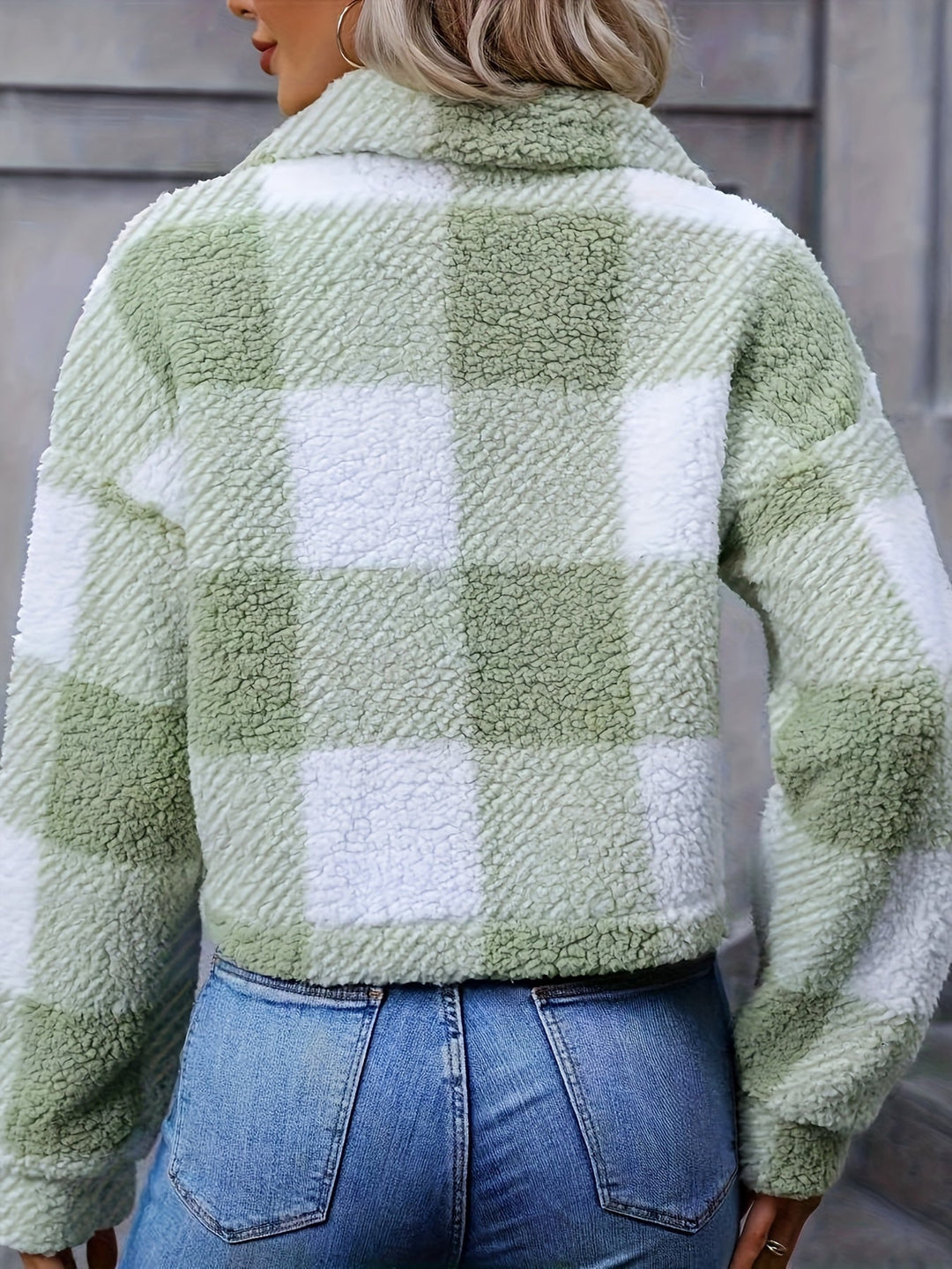 Cropped Plaid Plush Jacket with Button Front