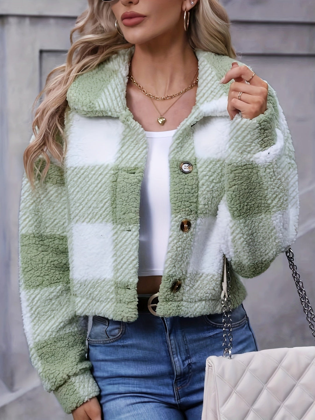 Cropped Plaid Plush Jacket with Button Front