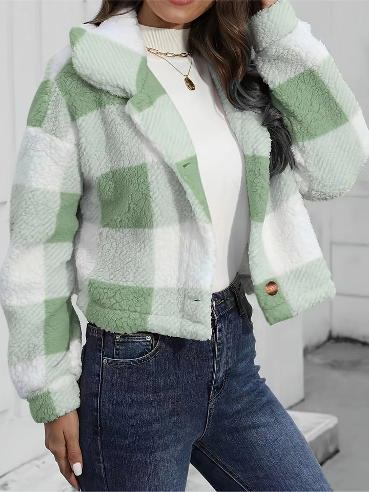 Cropped Plaid Plush Jacket with Button Front
