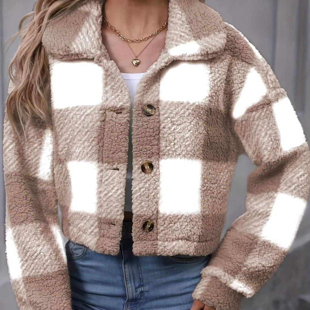 Cropped Plaid Plush Jacket with Button Front