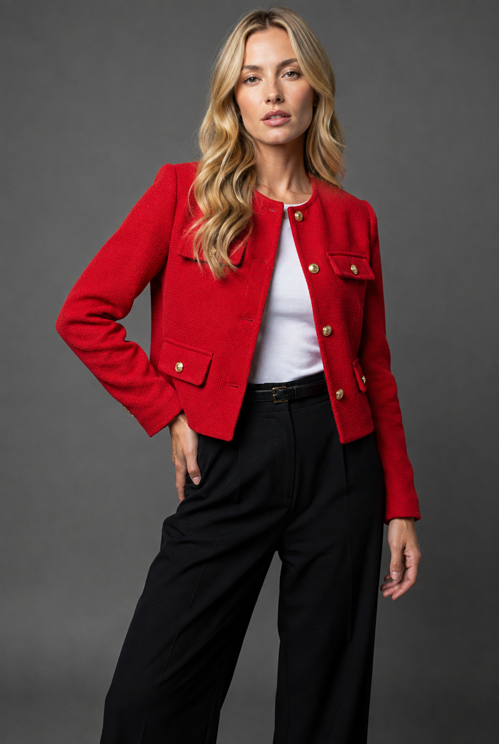 Collarless Cropped Tweed Blazer Jacket with Gold Button Front and Flap Pockets