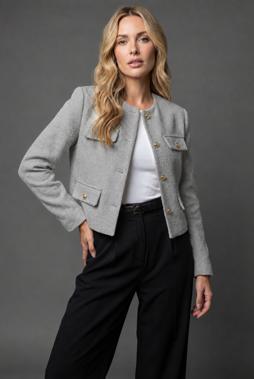 Collarless Cropped Tweed Blazer Jacket with Gold Button Front and Flap Pockets