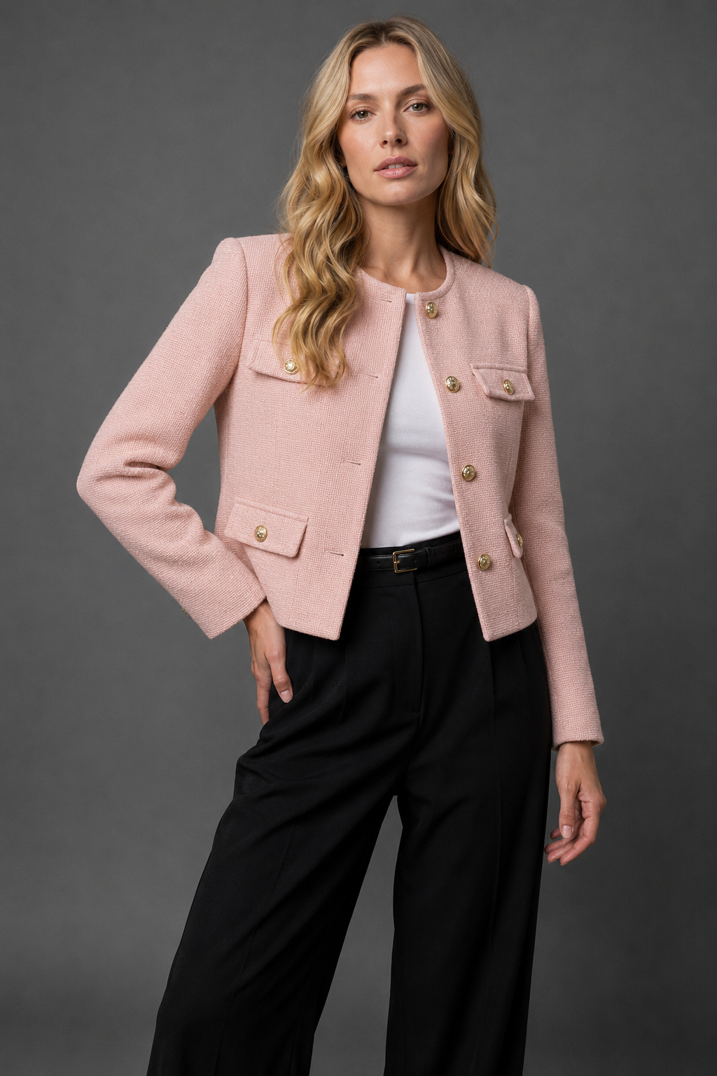 Collarless Cropped Tweed Blazer Jacket with Gold Button Front and Flap Pockets