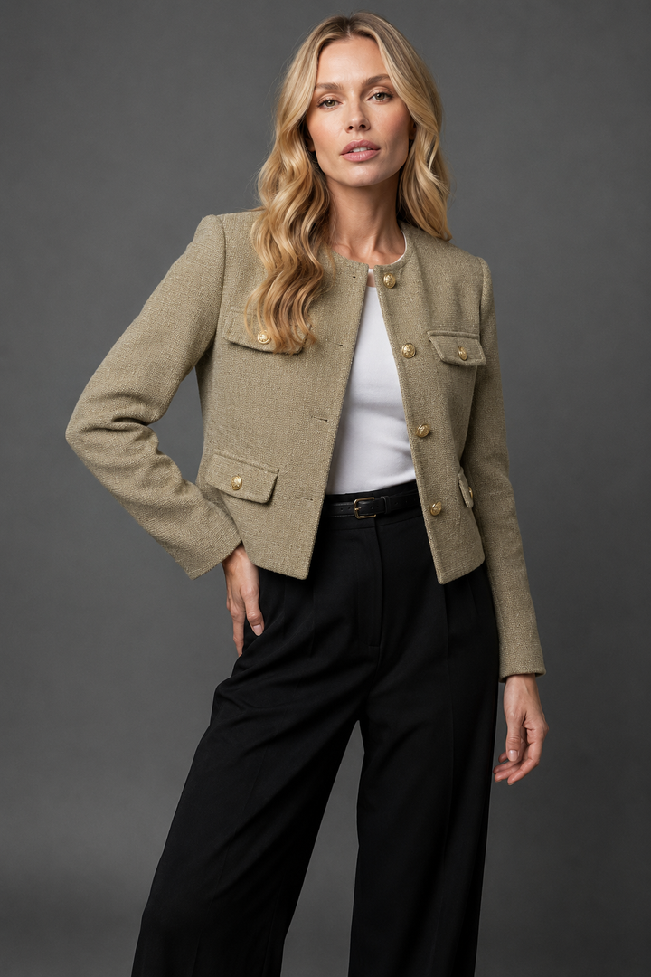 Collarless Cropped Tweed Blazer Jacket with Gold Button Front and Flap Pockets