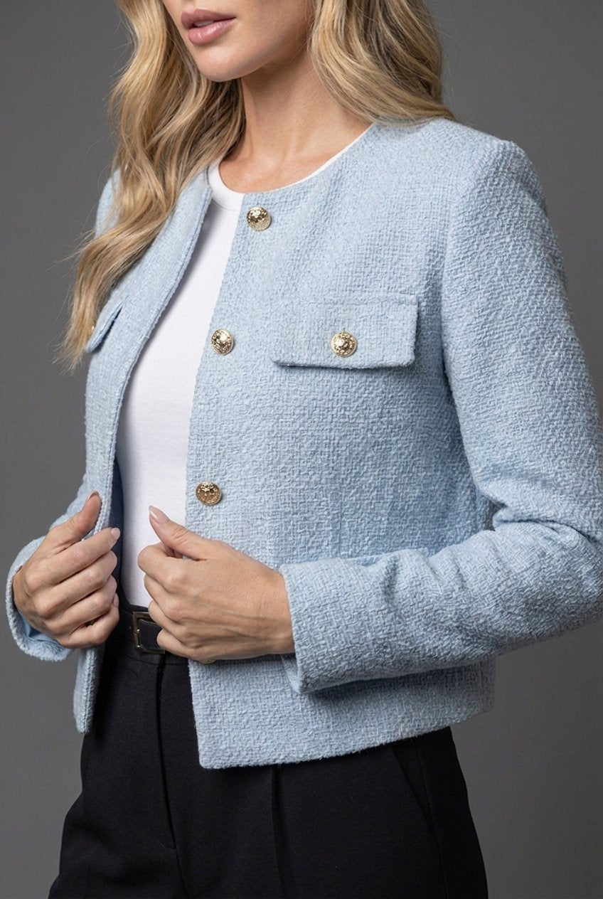 Collarless Cropped Tweed Blazer Jacket with Gold Button Front and Flap Pockets