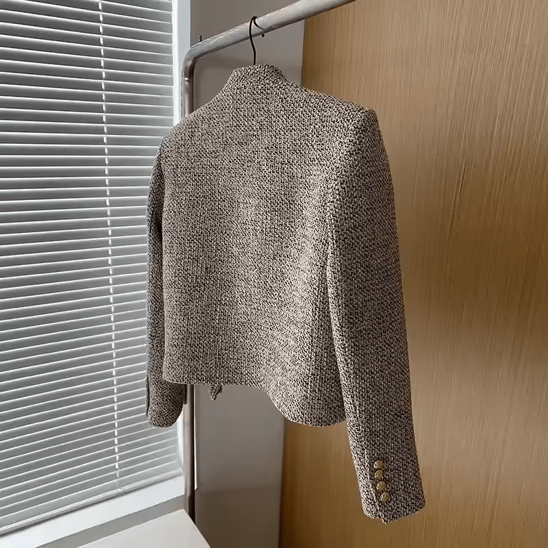 Cropped Tweed Jacket with Stand Collar and Gold Button Front