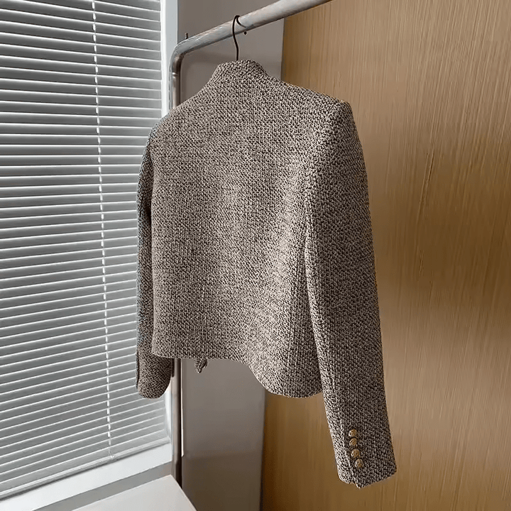 Cropped Tweed Jacket with Stand Collar and Gold Button Front