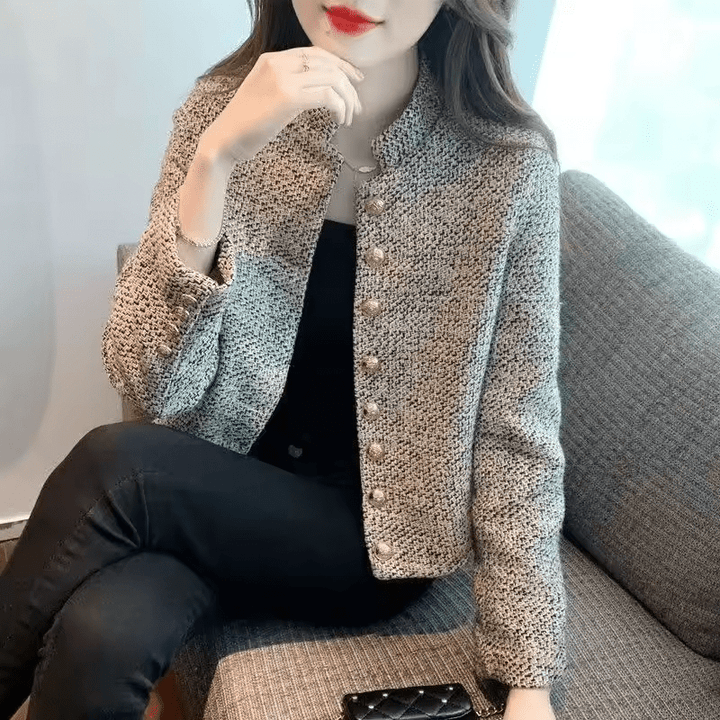 Cropped Tweed Jacket with Stand Collar and Gold Button Front