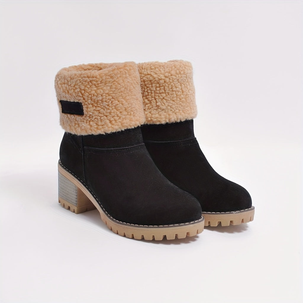 Cuffed Ankle Boots with Plush Lining and Block Heel
