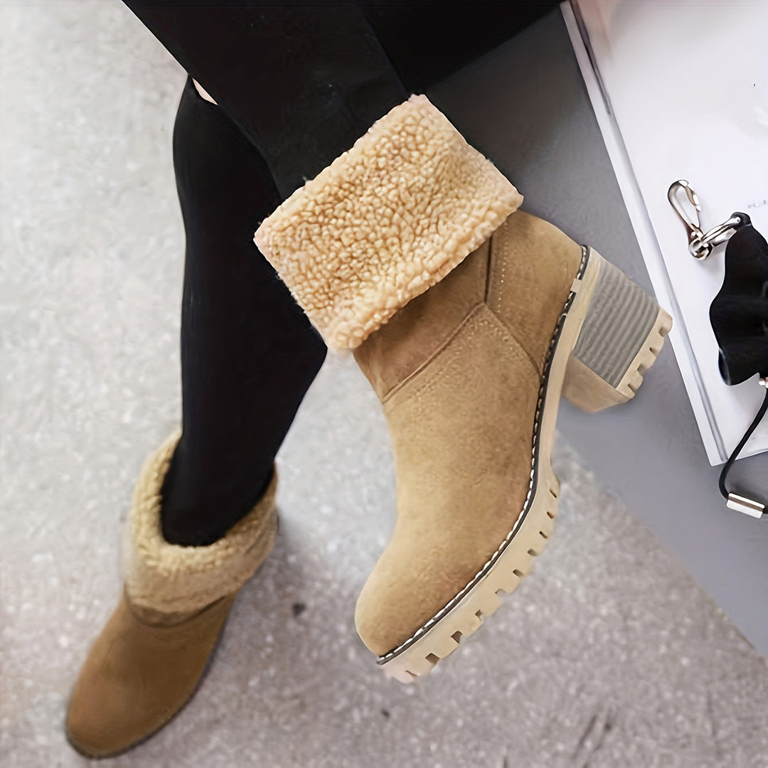 Cuffed Ankle Boots with Plush Lining and Block Heel