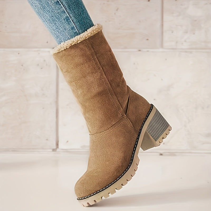 Cuffed Ankle Boots with Plush Lining and Block Heel