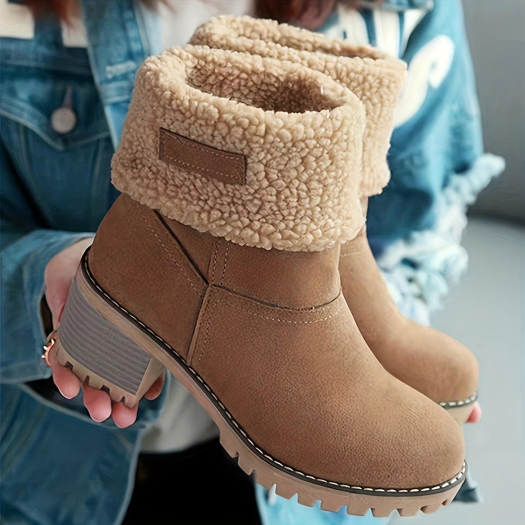 Cuffed Ankle Boots with Plush Lining and Block Heel