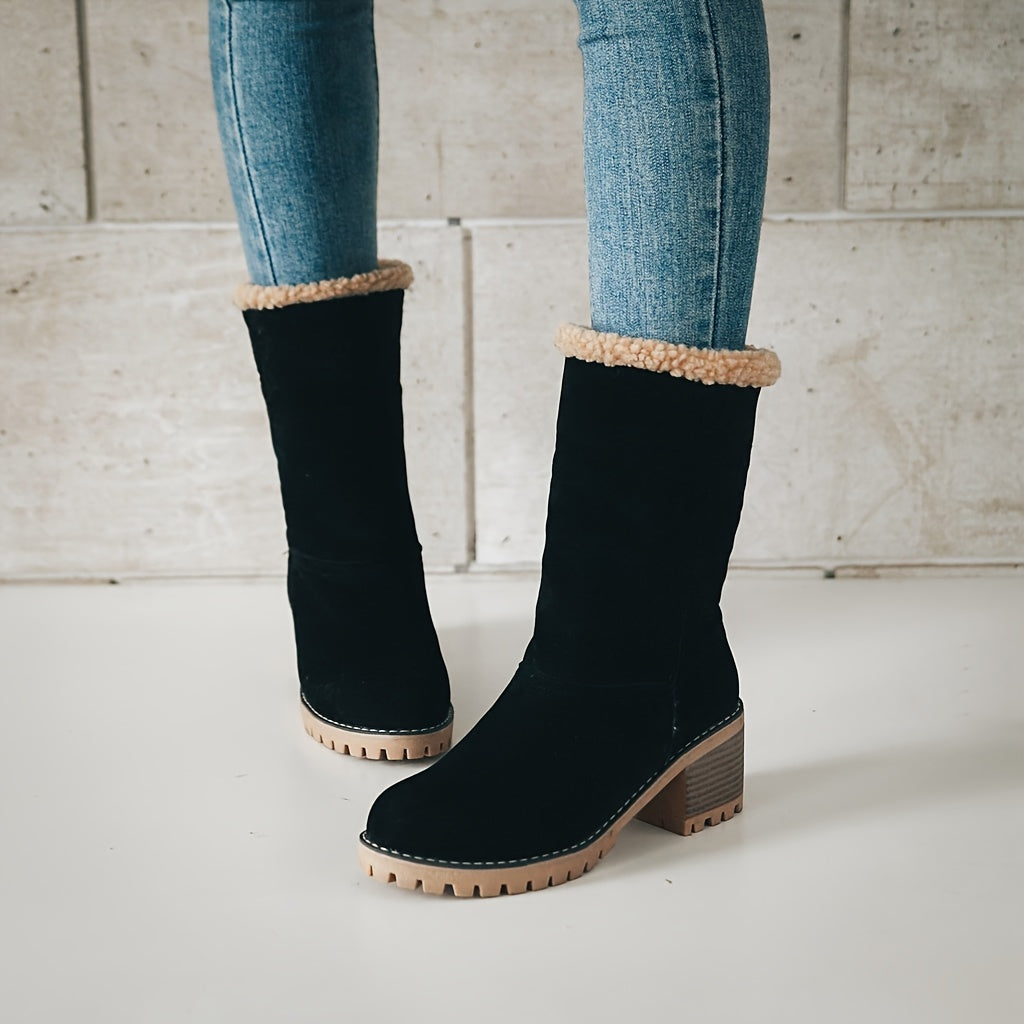 Cuffed Ankle Boots with Plush Lining and Block Heel